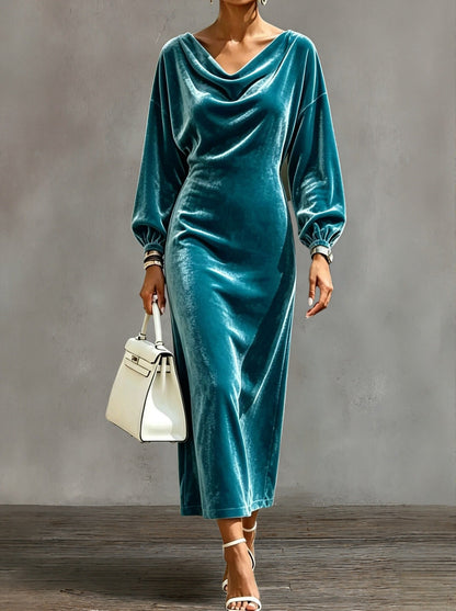 Robe midi en velours à col cache‑cou et manches bouffantes