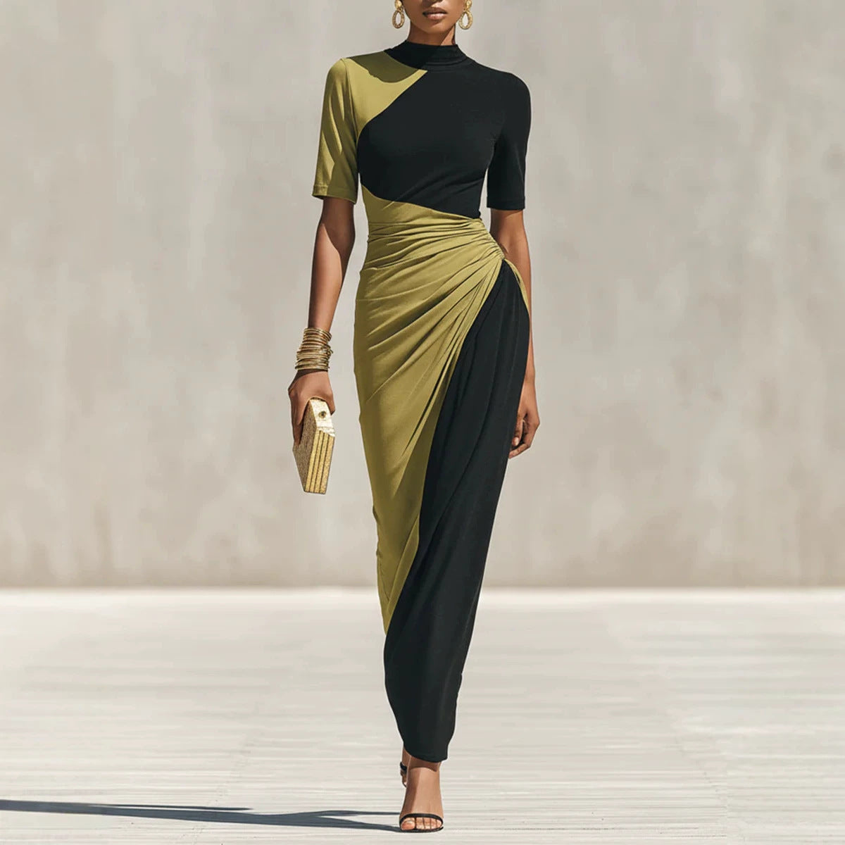 Asymmetrical Color Block Ruched High Neck Midi Bodycon Dress