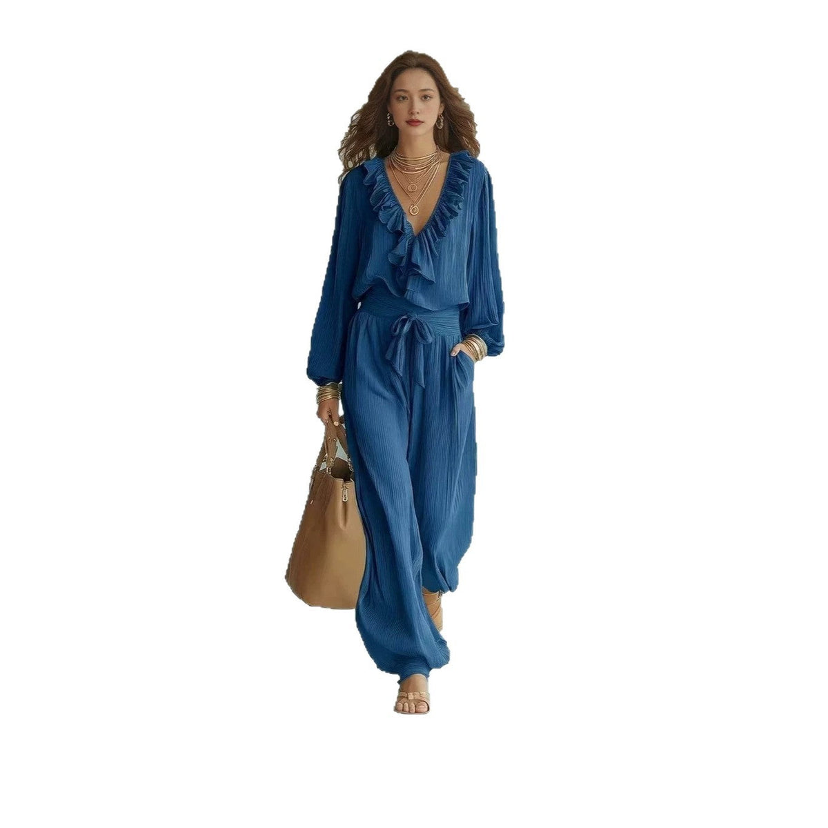 Ruffle V-Neck Long Sleeve Top & Tie Waist Wide Leg Pants Two Piece Set