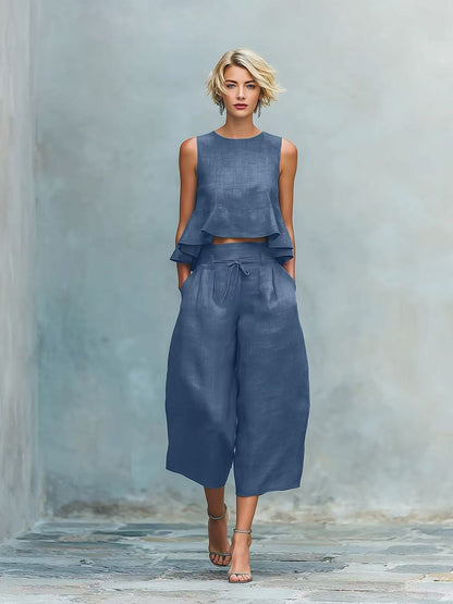 Linen Ruffle Crop Top Tie Waist Culotte Two Piece Set