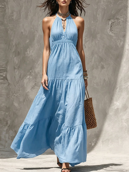 Halter Keyhole Neck Crinkled Tiered Maxi Dress
