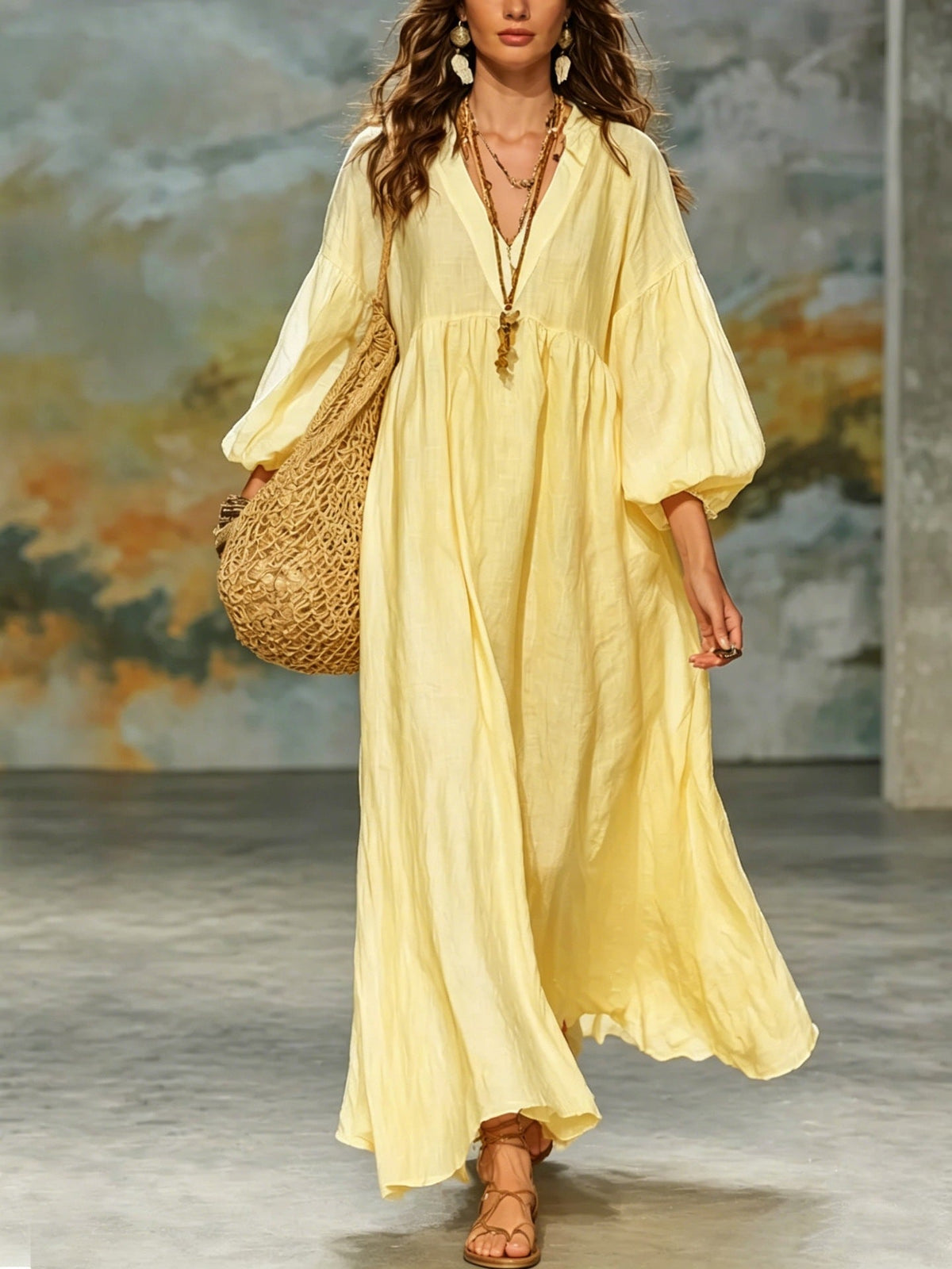 Robe longue Bohème col en V manches ballon en lin mélangé