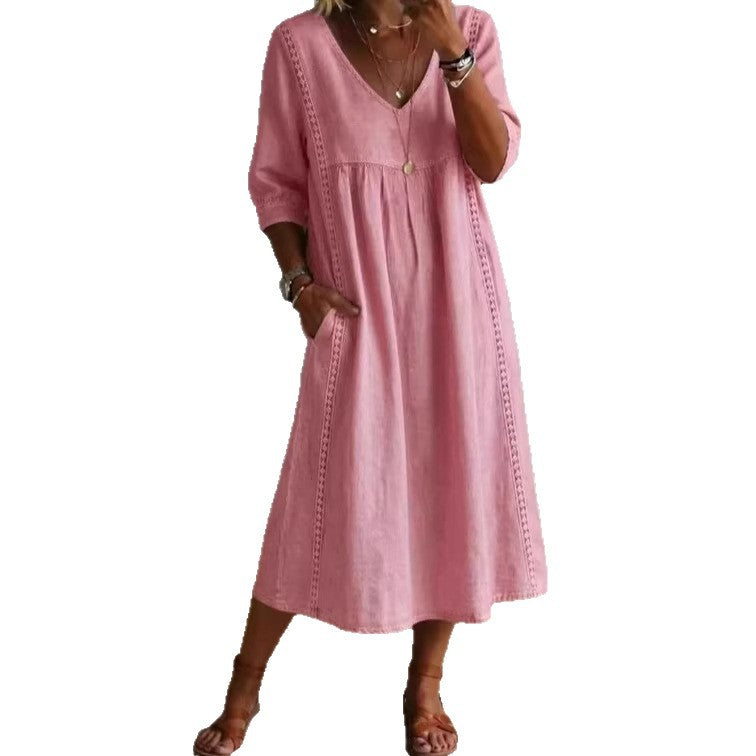 Robe midi élégante à col V en mélange de lin avec inserts en dentelle et poches | Robe décontractée d'été pour femmes