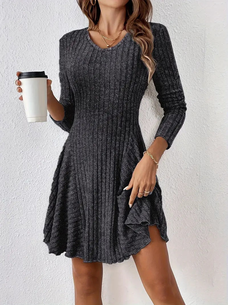 Ribbed Knit V‑Neck Long‑Sleeve Flared Mini Dress - dark gray / S