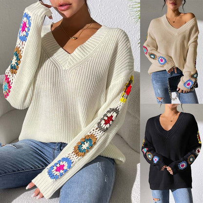 Pull à col V avec fleurs au crochet