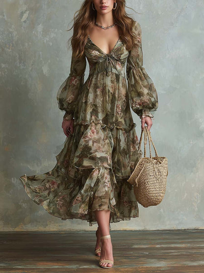 Robe longue à fleurs, col en V et manches lanternes, à plusieurs niveaux