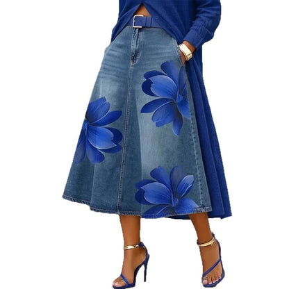 Floral Denim Midi Skirt