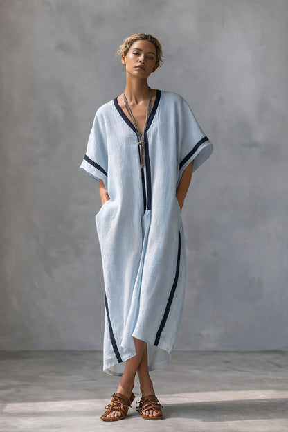 Robe caftan à col V en mélange de lin
