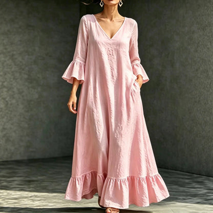 Robe longue en lin mélangé avec col en V, volants et manches évasées