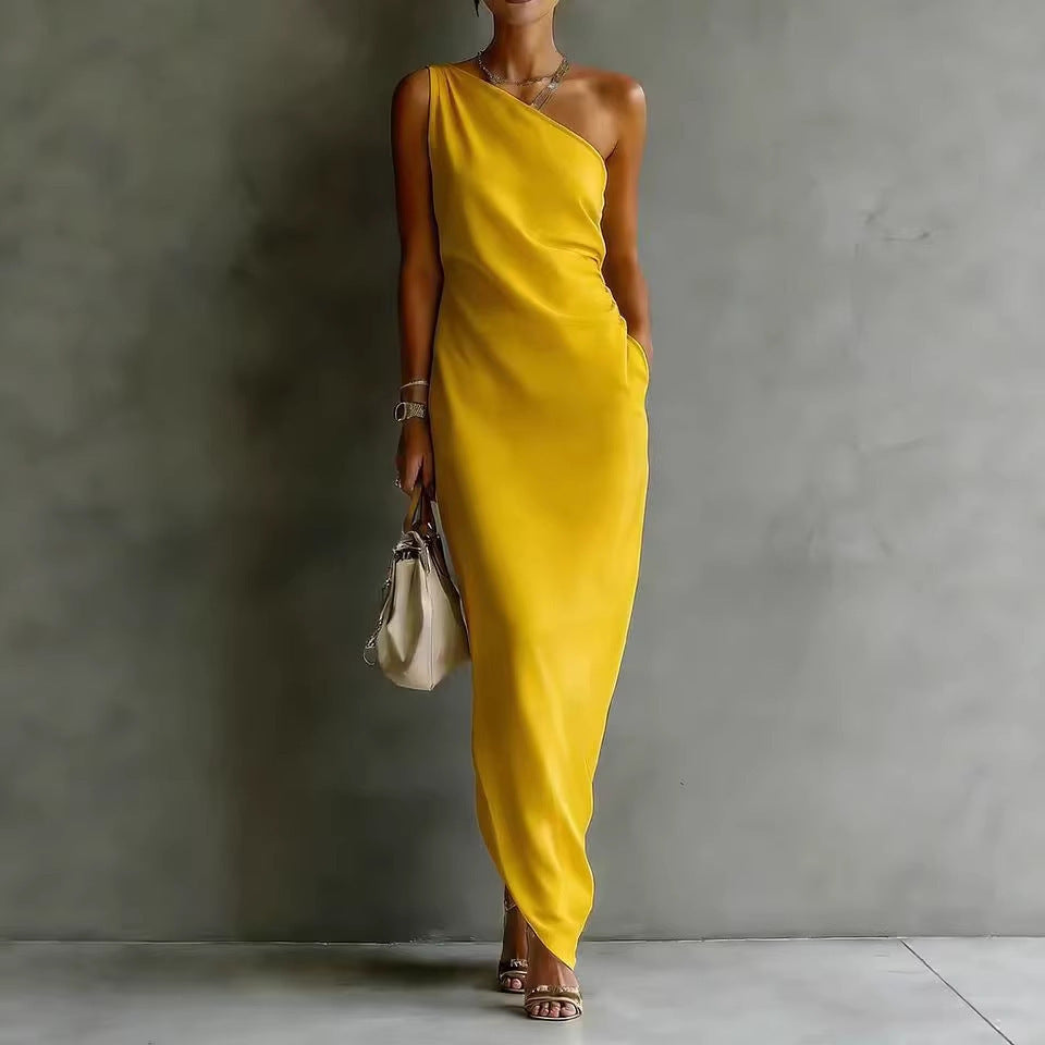 Solid Color Satin Slant Shoulder Drape Slim Long Dress
