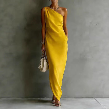 Solid Color Satin Slant Shoulder Drape Slim Long Dress