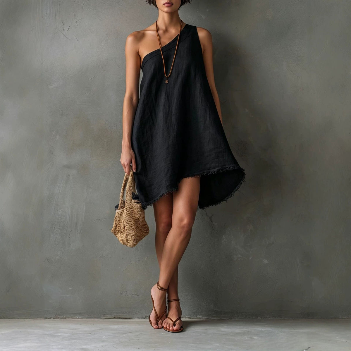 Linen One Shoulder Frayed Hem Asymmetrical Mini Swing Dress