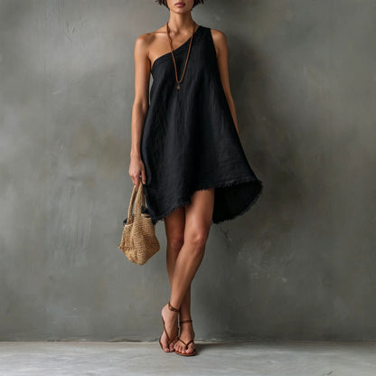 Linen One Shoulder Frayed Hem Asymmetrical Mini Swing Dress