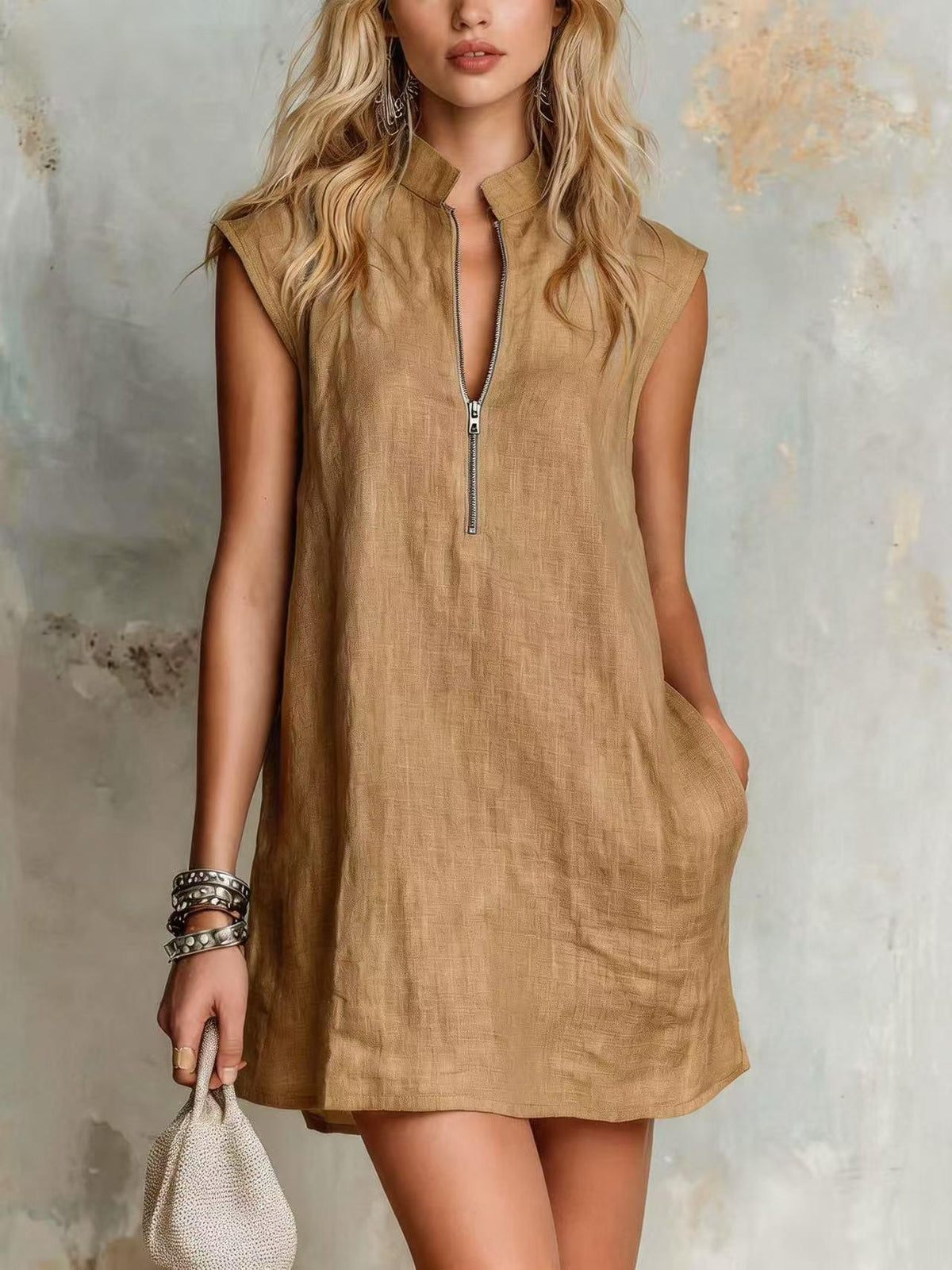 Linen Stand Collar Half Zip Sleeveless Pocket Mini Shift Dress