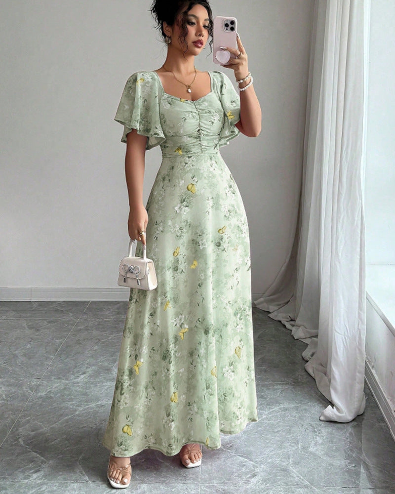 Floral Print Ruched Flutter Sleeve Maxi Dress