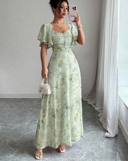 Floral Print Ruched Flutter Sleeve Maxi Dress