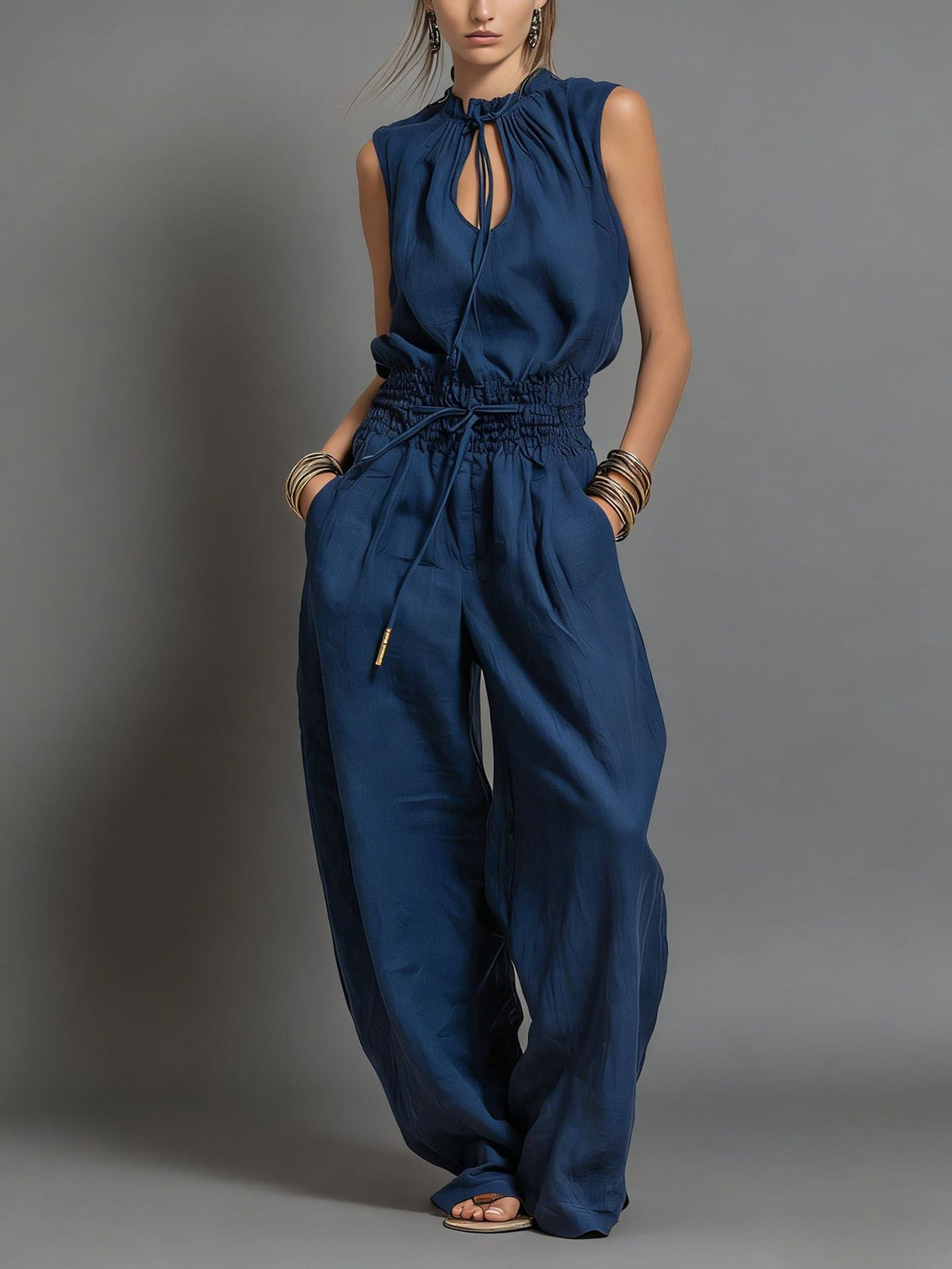 Beige Linen-Blend Smocked-Waist Jumpsuit