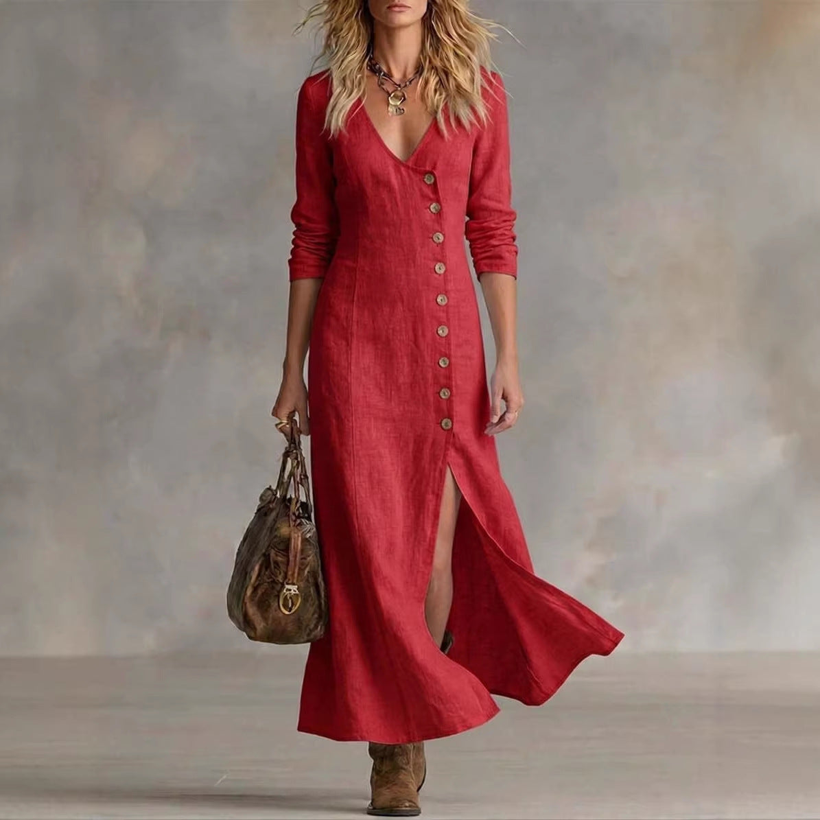 Robes longues mode en coton et lin à plusieurs boutons