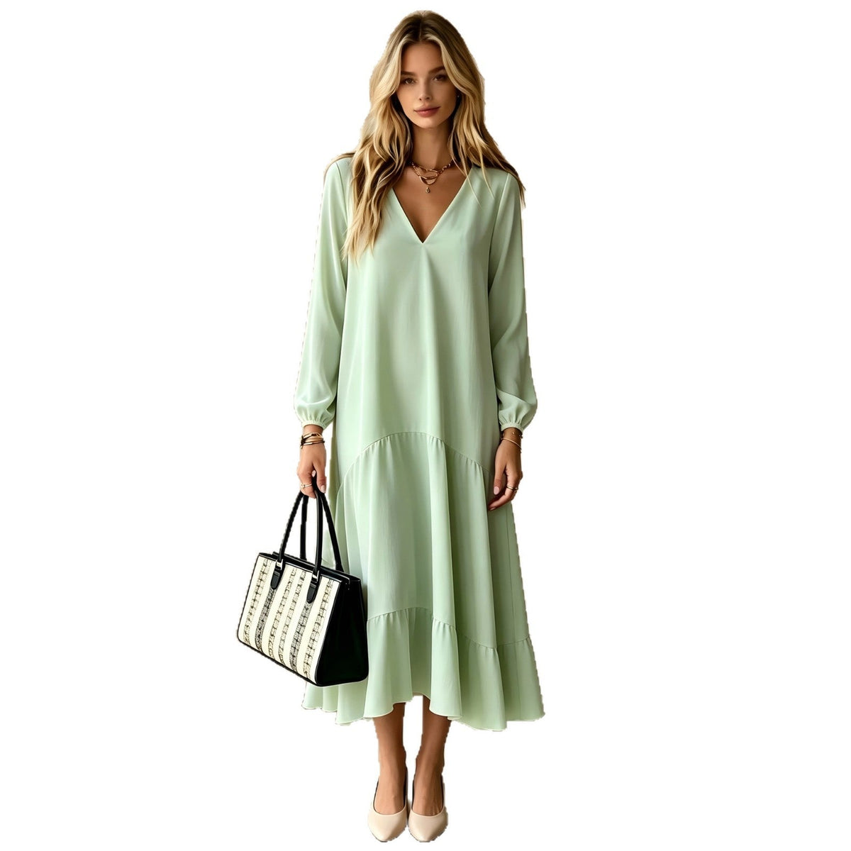 V‑Neck Long‑Sleeve Tiered Ruffle‑Hem Midi Dress