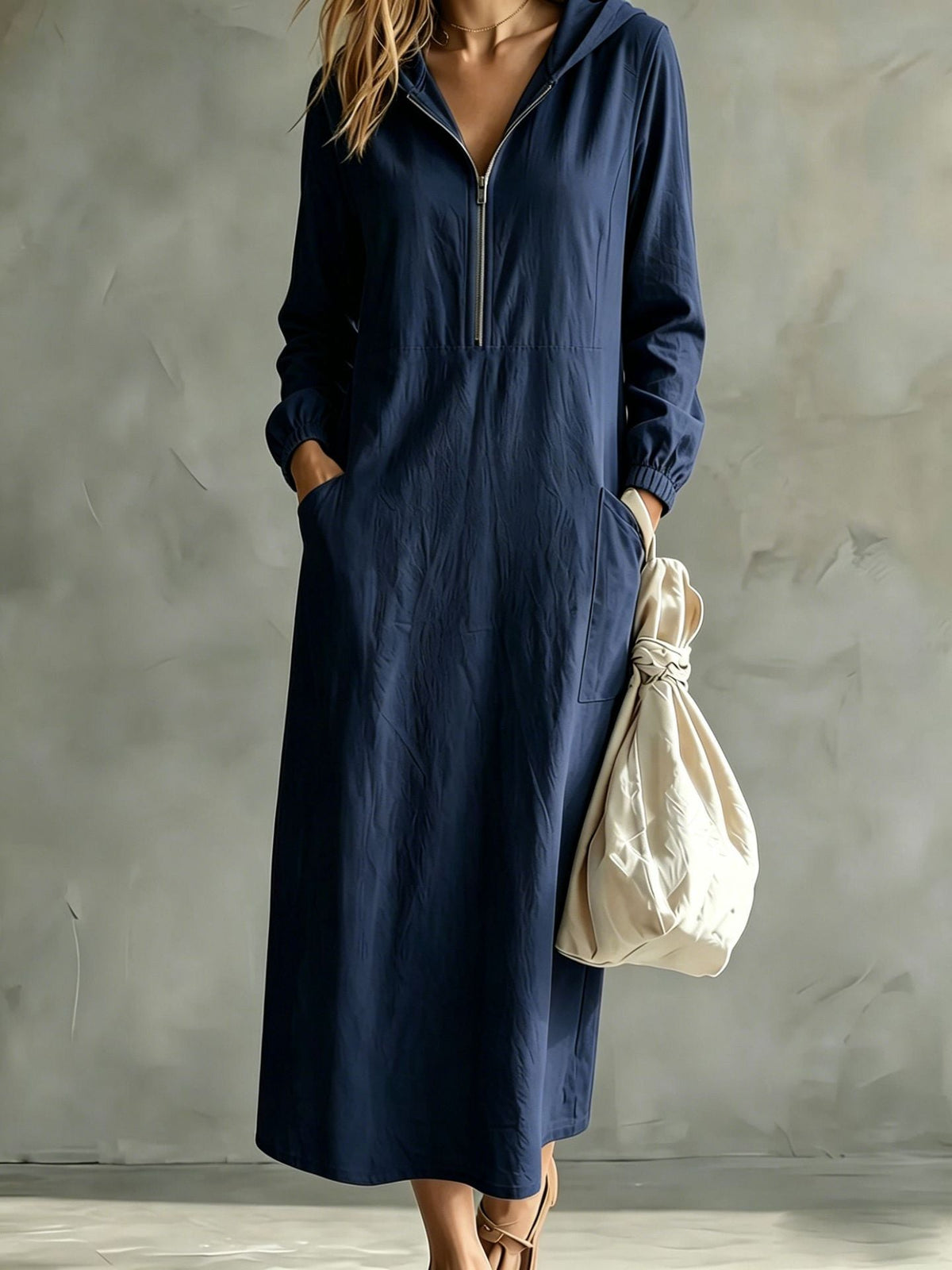 Hooded Zip-Neck Midi Dress