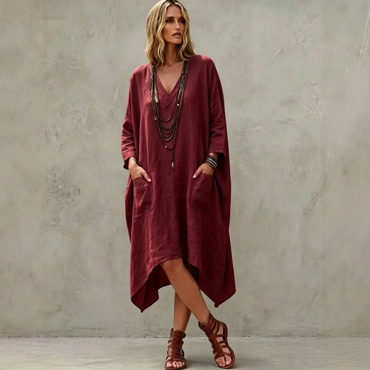 Linen Blend V-Neck 3/4 Sleeve Irregular Hem Midi Dress With Side Pockets
