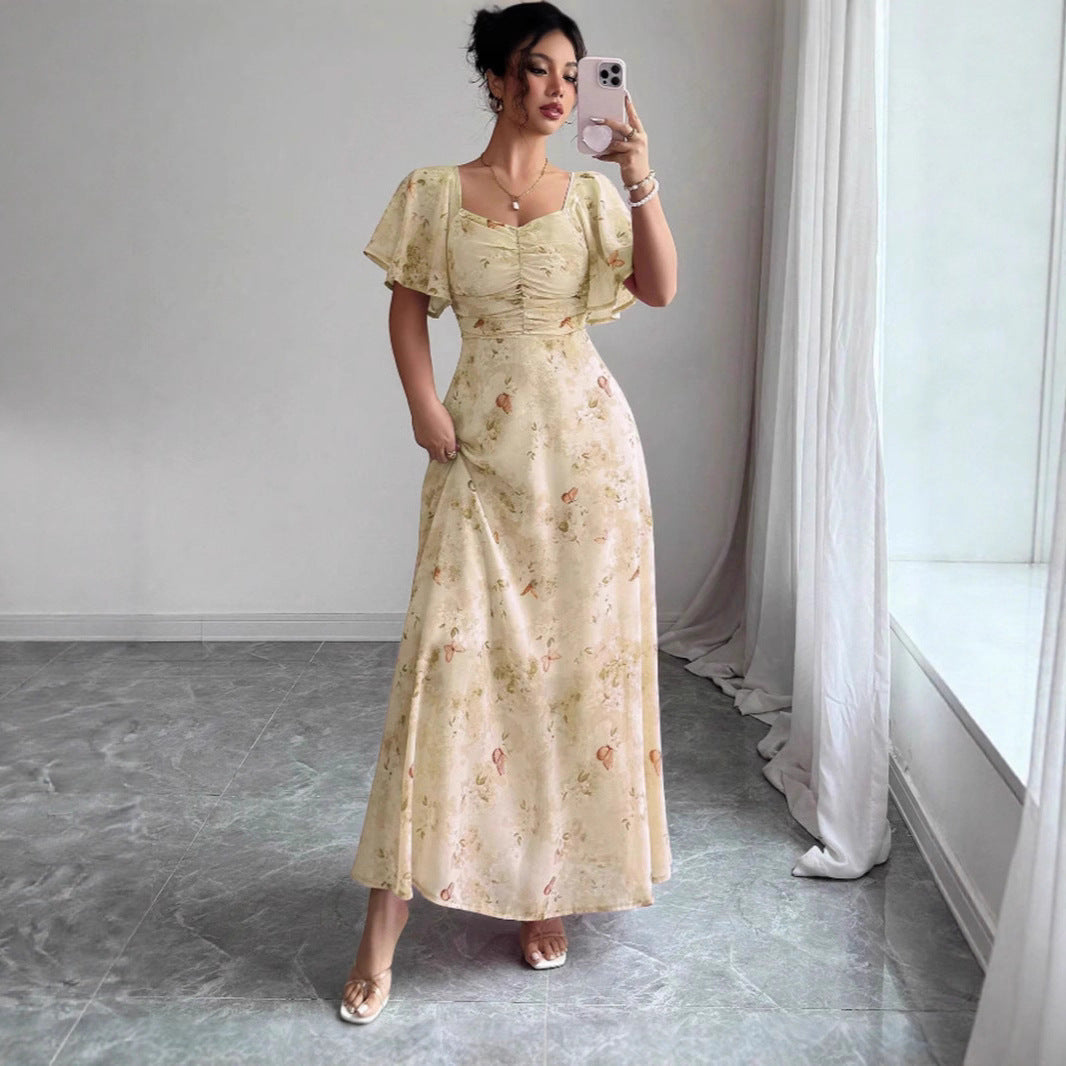 Floral Print Ruched Flutter Sleeve Maxi Dress