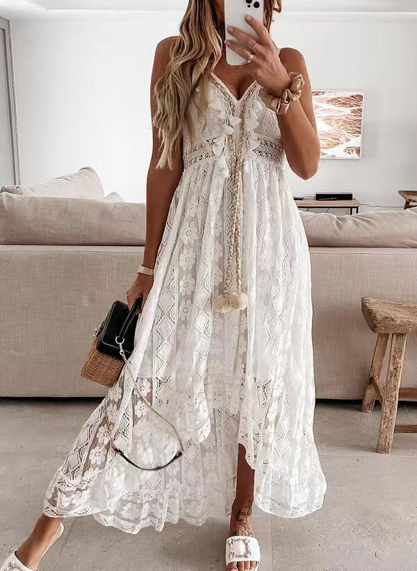 Scalloped Lace Spaghetti Strap High Low Flowy Maxi Dress