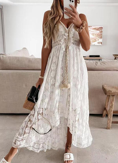 Scalloped Lace Spaghetti Strap High Low Flowy Maxi Dress