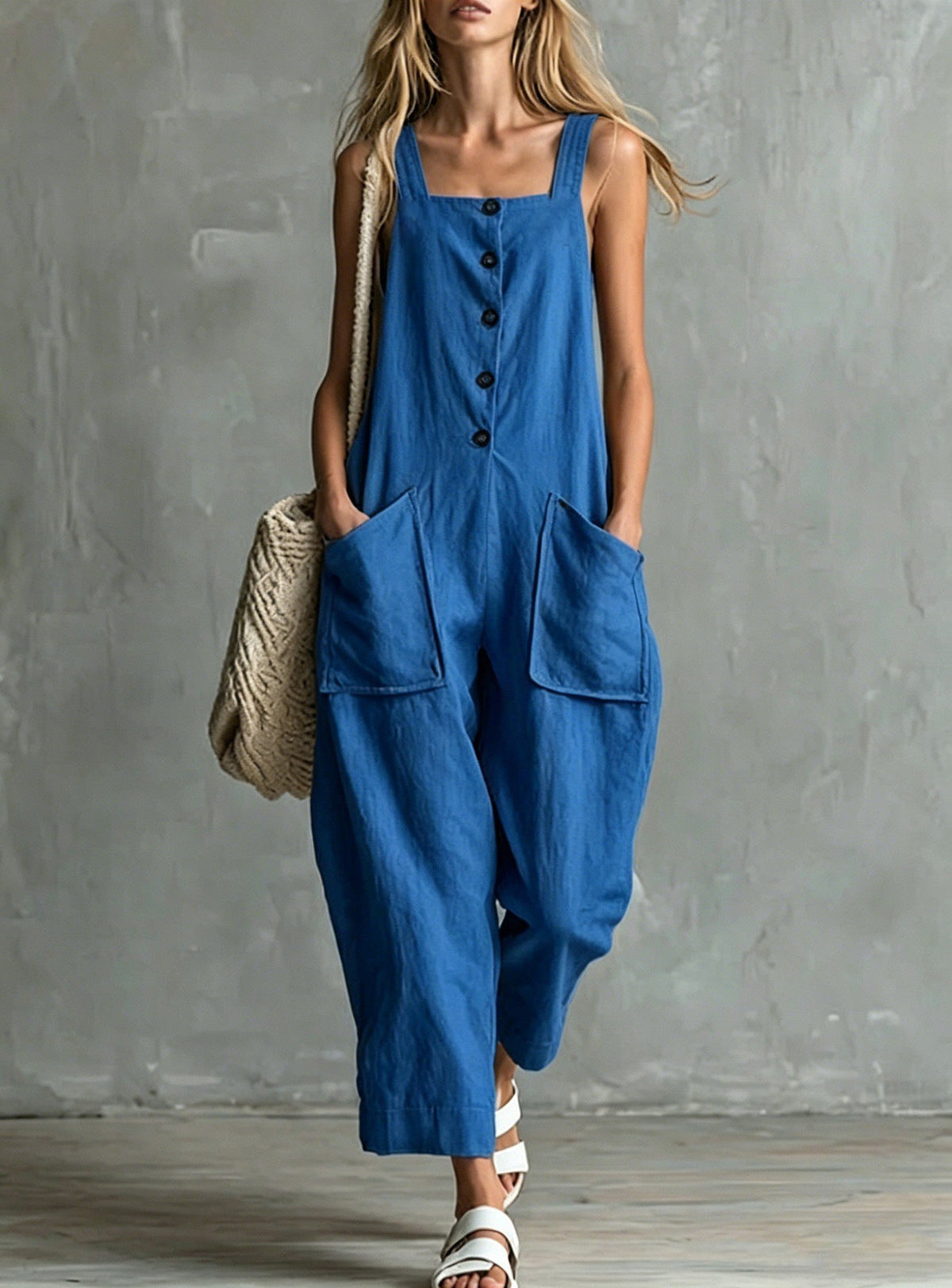 Loose Linen Square Neck Sleeveless Pocket Jumpsuit Casual Overall