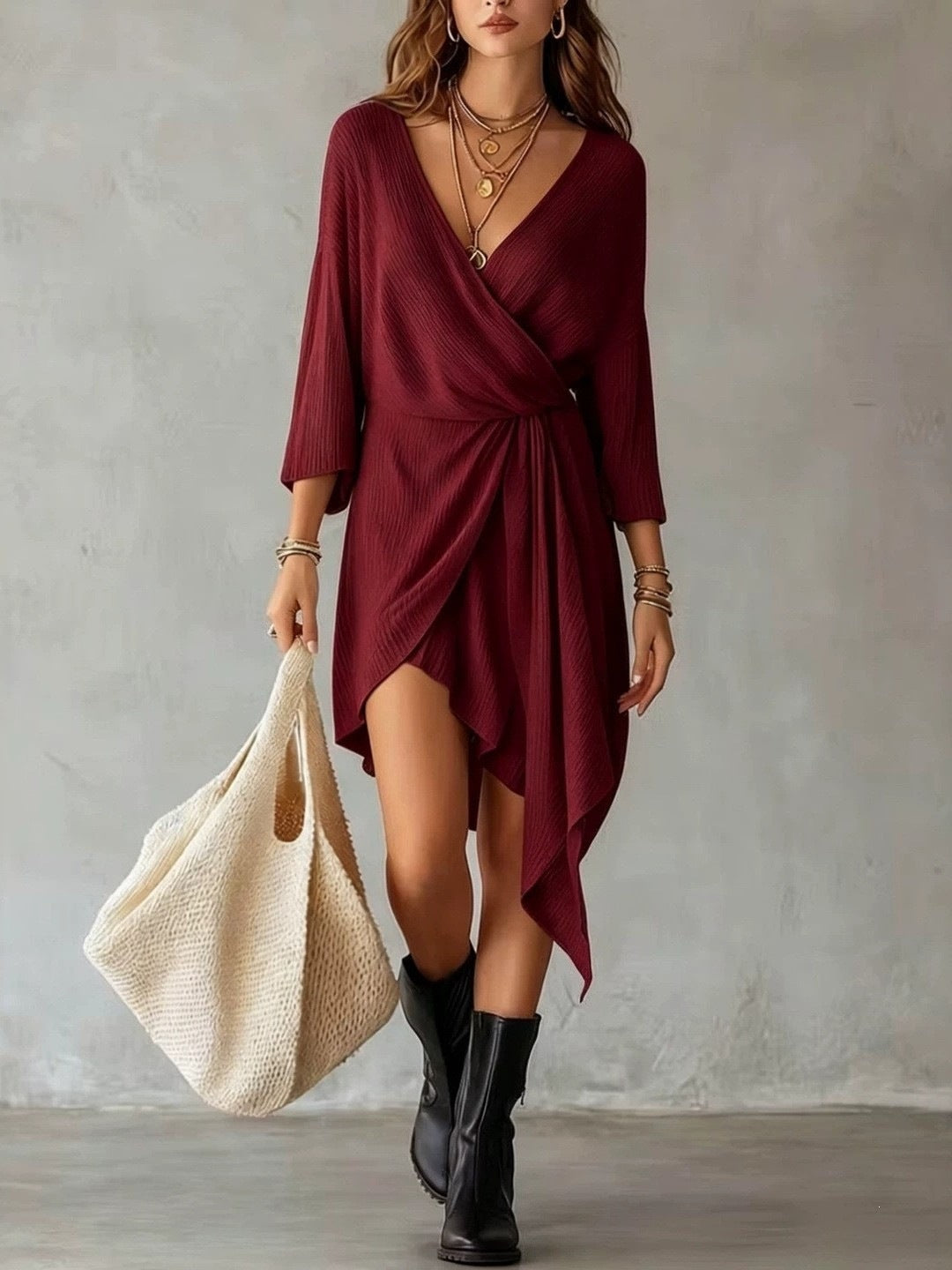 Cream Ribbed Knit Wrap‑Front Asymmetrical Mini Dress