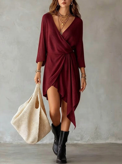 Cream Ribbed Knit Wrap‑Front Asymmetrical Mini Dress