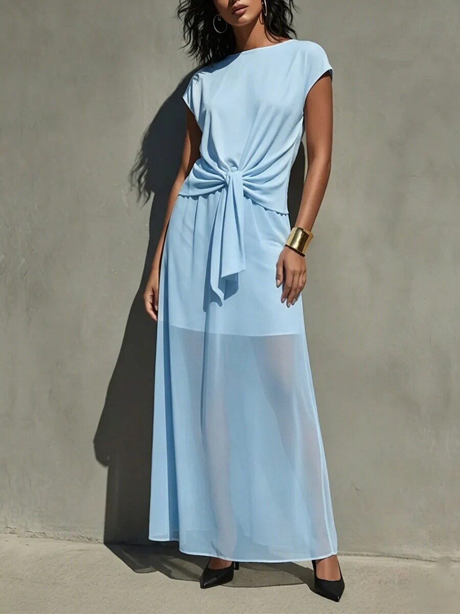 Elegant White Twist-Front Semi-Sheer Maxi Dress