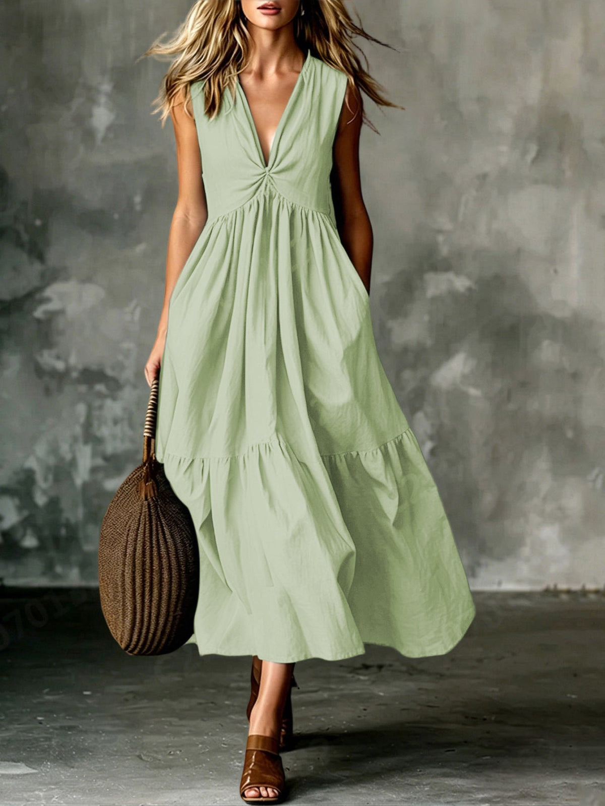 Twist Front V-Neck Sleeveless Pocket Textured Flowy Maxi Dress