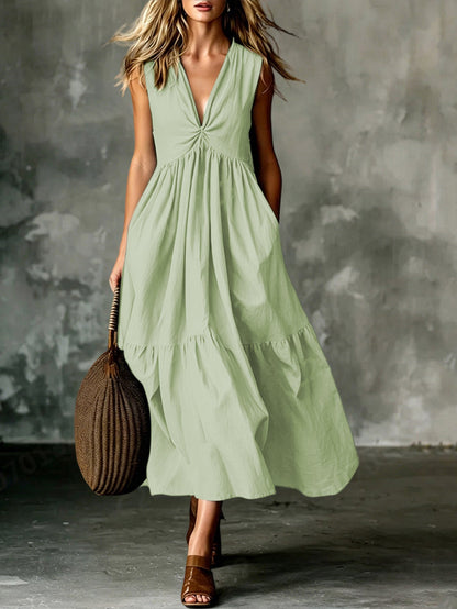 Twist Front V-Neck Sleeveless Pocket Textured Flowy Maxi Dress
