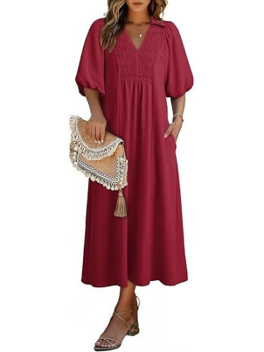 Smocked V‑Neck Puff‑Sleeve Midi Dress - Wine red / S