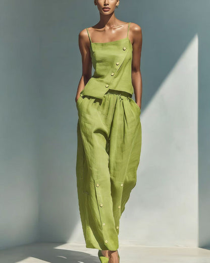 Bright Blue Linen‑Blend Cami Top & Wide‑Leg Pants Two‑Piece Set