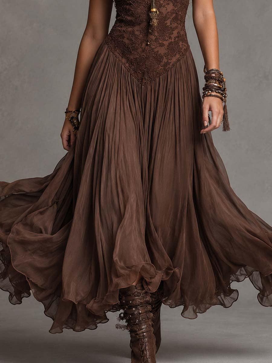 Robe maxi à corset en dentelle, à volants étagés