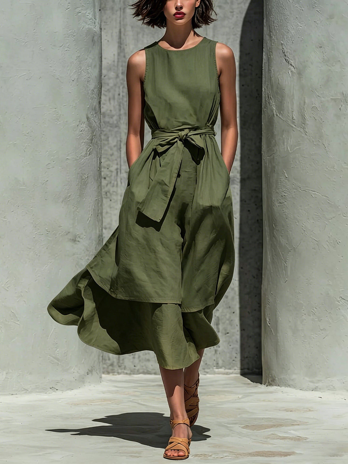 Sleeveless Tie Waist Layered Linen Midi Dress