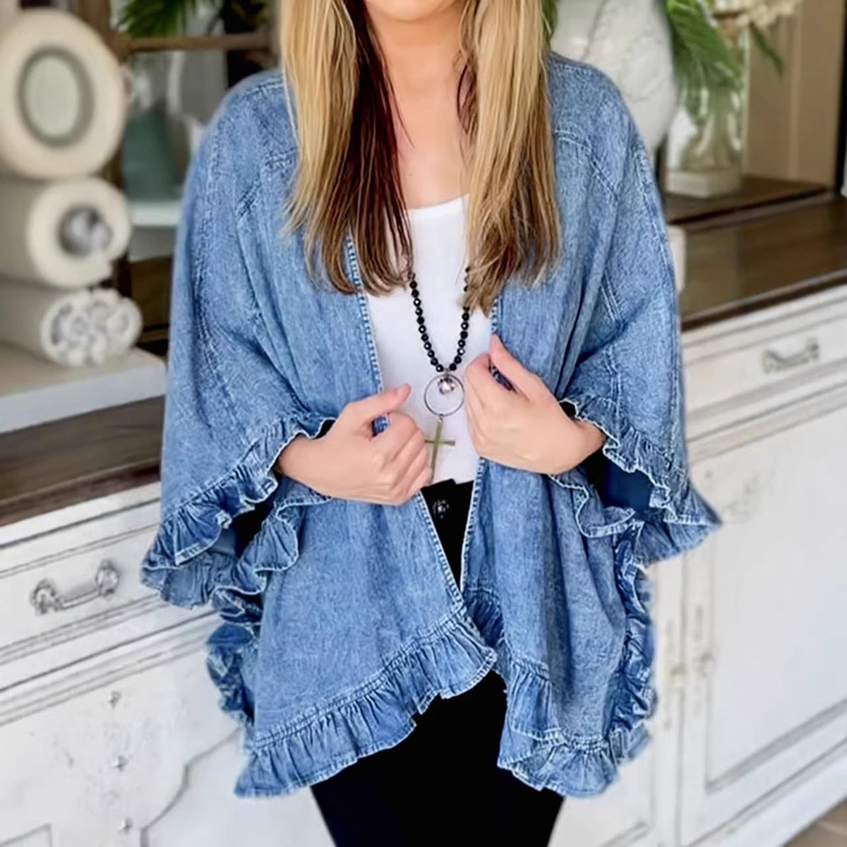 Veste Kimono à Volants en Denim