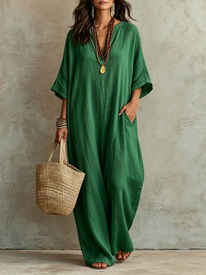 Robe Kaftan Longue Ample en Mélange de Lin à Manches Courtes Col V et Poches