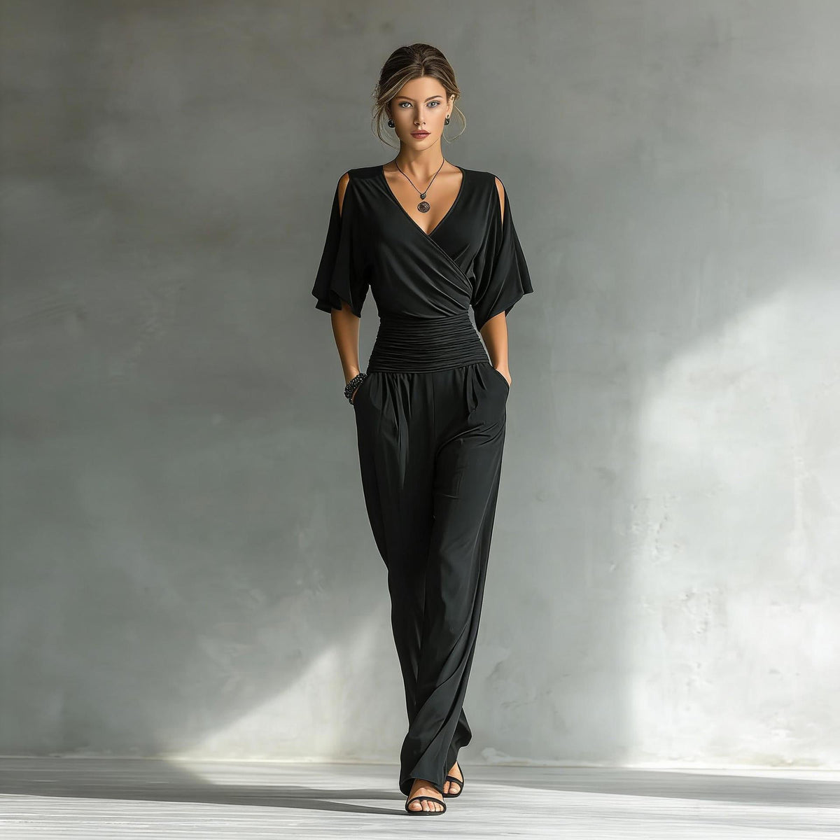 Cold Shoulder Wrap V Ruched Waist Wide Leg Jumpsuit