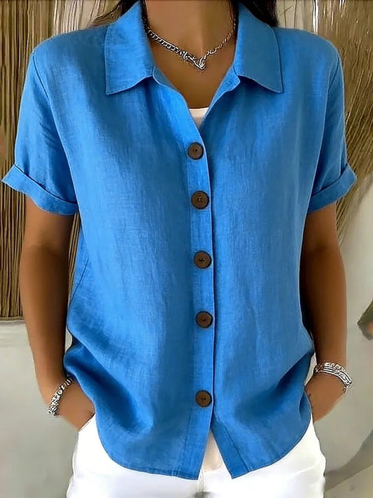 Chemise en lin à manches courtes pour femme, à col rabattu