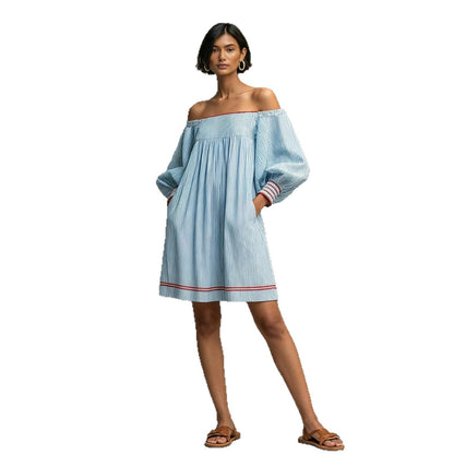 Striped Square Neck Balloon Sleeve Mini Dress