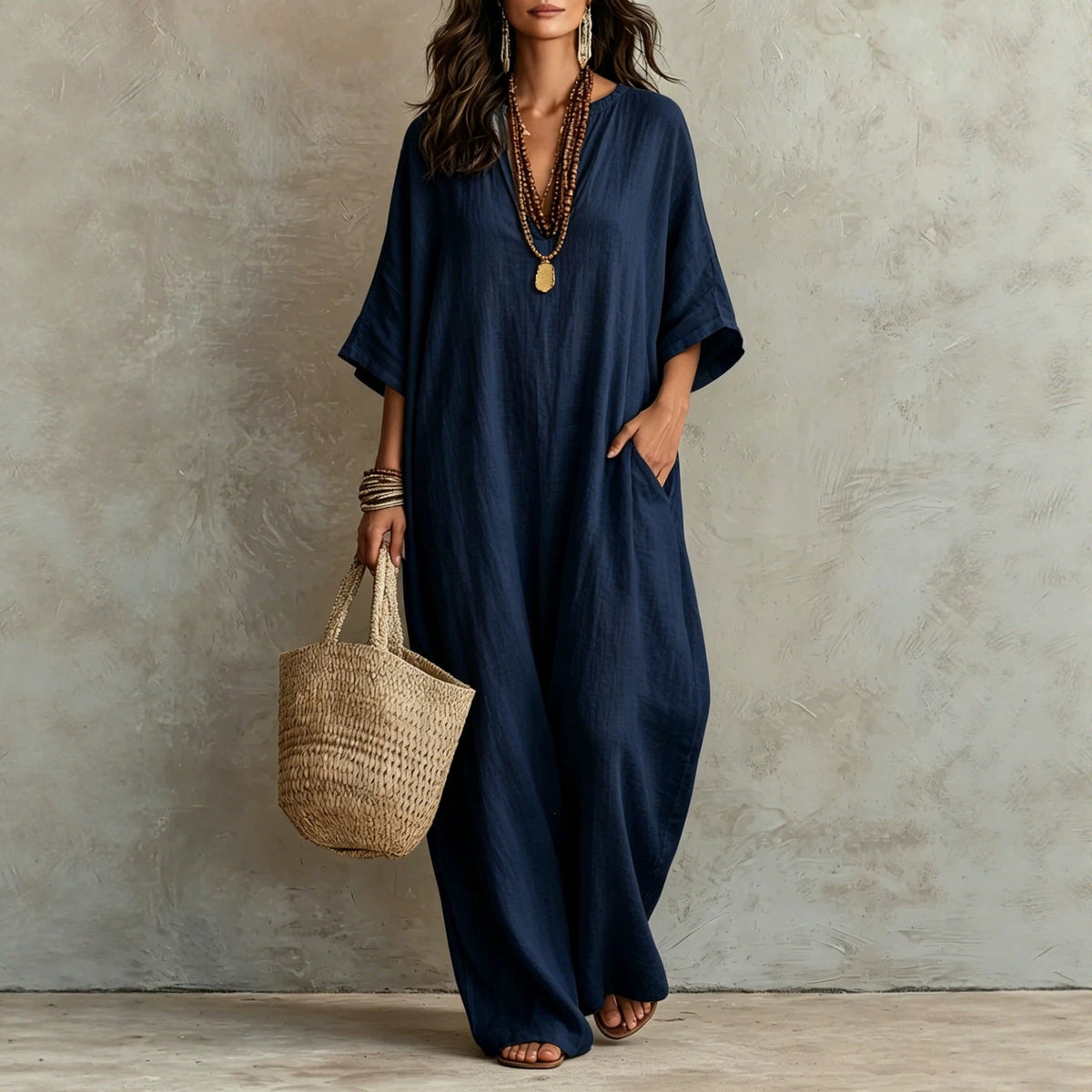 Robe Kaftan Longue Ample en Mélange de Lin à Manches Courtes Col V et Poches