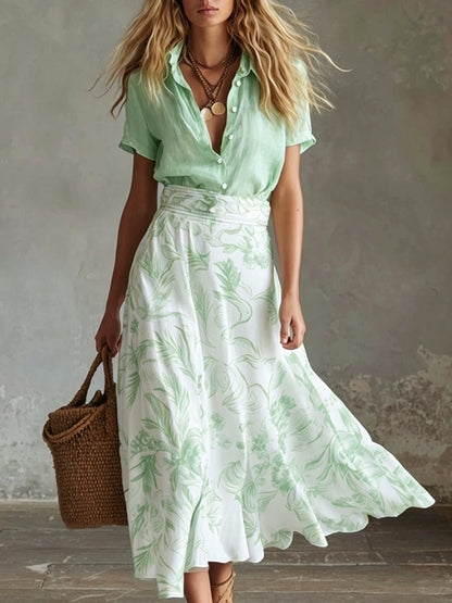 Contrast Floral Skirt Shirt Matching Co-ord Set
