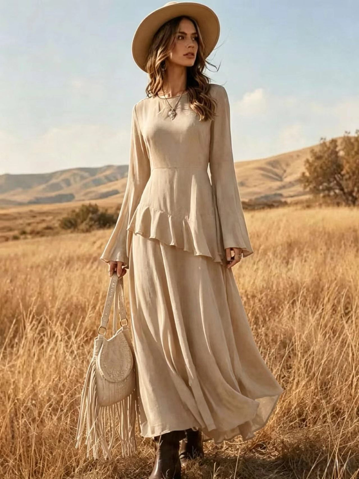Asymmetrical Ruffle Long‑Sleeve Chiffon Maxi Dress - apricot / S