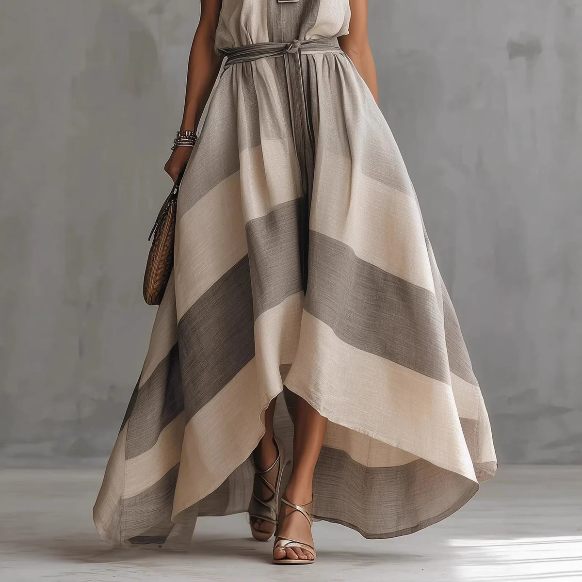 Robe maxi sans manches rayée en mélange de lin
