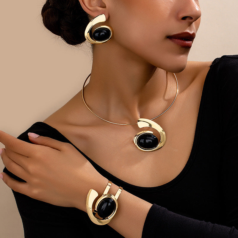 Abstract Curve Statement Jewelry 4-Piece Set | Open Choker Necklace + Adjustable Cuff Bracelet + Matching Drop Earrings