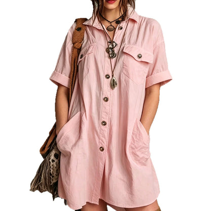 Oversized Short Sleeve Button Down Shirt Mini Dress with Pockets