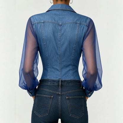 Sheer Mesh Sleeve Denim Blouse